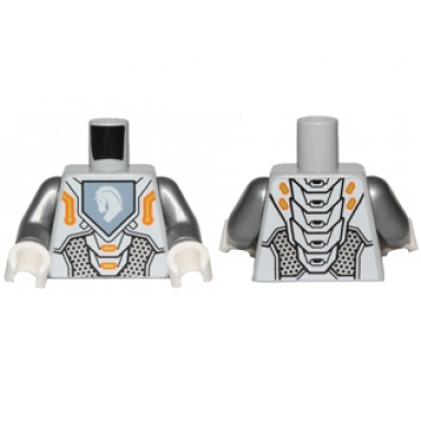 light bluish gray torso nexo knights armor with orange and gold circuitry and white horse head on sand blue pentagonal shield pattern flat silver arms white hands