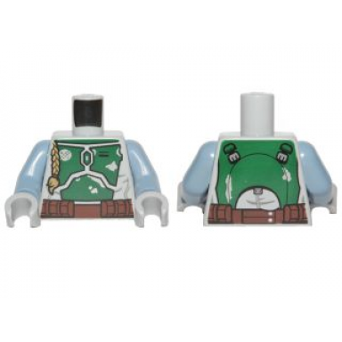light bluish gray torso sw mandalorian armor plates dark green pattern dual sided small emblem on chest boba fett sand blue arms light bluish gray hands
