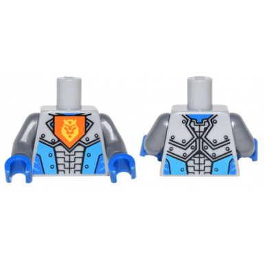 light bluish gray torso nexo knights armor with orange emblem with yellow crowned lion dark azure panels pattern flat silver arms blue hands