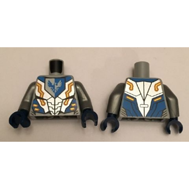 light bluish gray torso nexo knights armor with orange and gold circuitry and emblem with blue falcon pattern flat silver arms dark blue hands