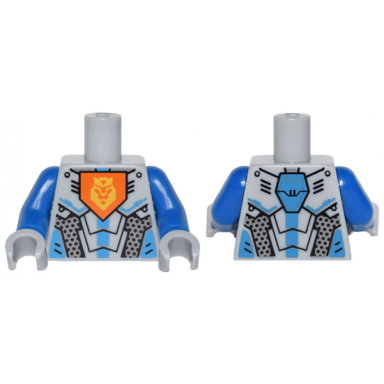 light bluish gray torso nexo knights armor with orange emblem with yellow crowned lion silver panels dark azure hexagon pattern blue arms light bluish gray hands