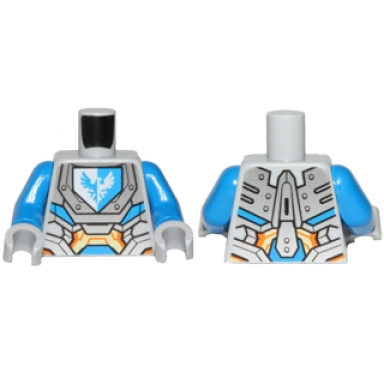 light bluish gray torso nexo knights armor with orange and gold circuitry and emblem with blue falcon pattern blue arms light bluish gray hands