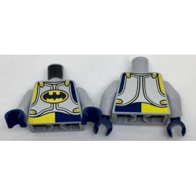 light bluish gray torso silver armor plates with black batman logo in gold oval pattern light bluish gray arms dark blue hands