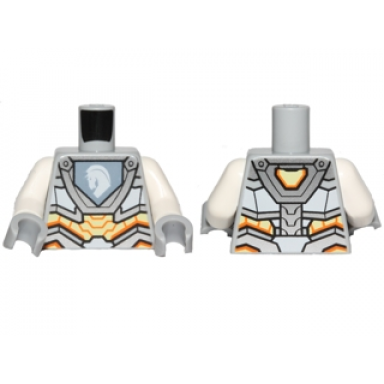 light bluish gray torso nexo knights armor with orange and gold circuitry and emblem with white horse pattern white arms light bluish gray hands