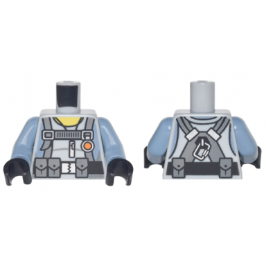 light bluish gray torso scuba suit with utility belt with 3 pouches front 2 pouches back pattern sand blue arms black hands