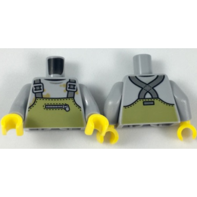 light bluish gray torso overalls olive green with zipper over shirt with dirt stains pattern light bluish gray arms yellow hands