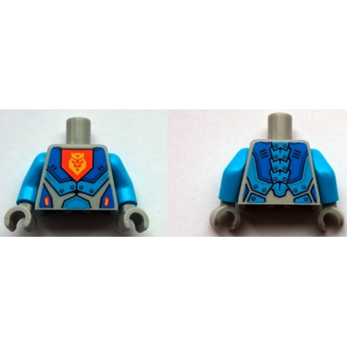 light bluish gray torso nexo knights armor with blue and dark azure panels and yellow crowned lion on orange pentagonal shield pattern dark azure arms light bluish gray hands