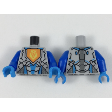 light bluish gray torso nexo knights armor with orange emblem with yellow crowned lion silver and dark azure panels pattern blue arms dark azure hands
