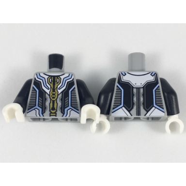 light bluish gray torso armor with gold and bright light blue trim black and dark bluish gray panels pattern black arms white hands