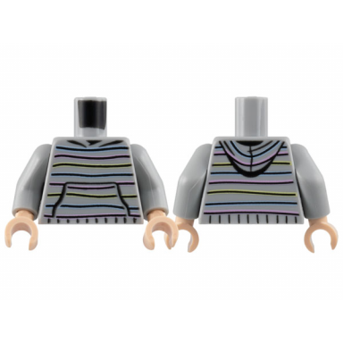 light bluish gray torso hoodie with bright light yellow bright pink and bright light blue horizontal stripes wide front pocket pattern light bluish gray arms light nougat hands