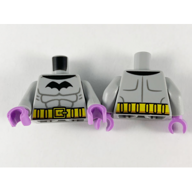 light bluish gray torso black bat dark bluish gray muscle contours yellow utility belt pattern light bluish gray arms medium lavender hands