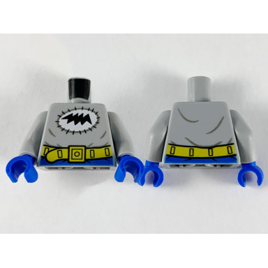 light bluish gray torso black bat scribble in white stitched oval yellow utility belt pattern light bluish gray arms blue hands