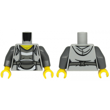 light bluish gray torso female hoodie with laces over dark bluish gray and white striped shirt belt with bag pattern dark bluish gray arms yellow hands