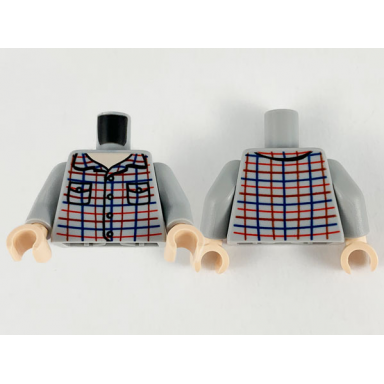 light bluish gray torso shirt with buttons collar and pockets red dark red and dark blue plaid lines pattern light bluish gray arms light nougat hands