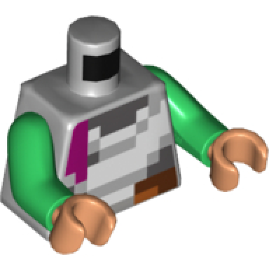 light bluish gray torso pixelated magenta dark bluish gray reddish brown and white pattern green arms medium nougat hands