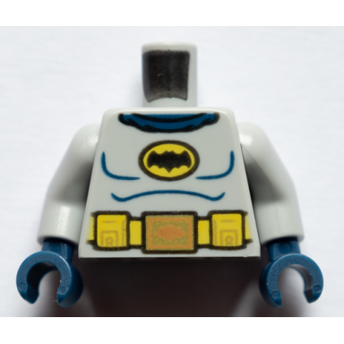 light bluish gray torso batman logo with dark blue muscles yellow utility belt and medium nougat and gold buckle pattern light bluish gray arms dark blue hands