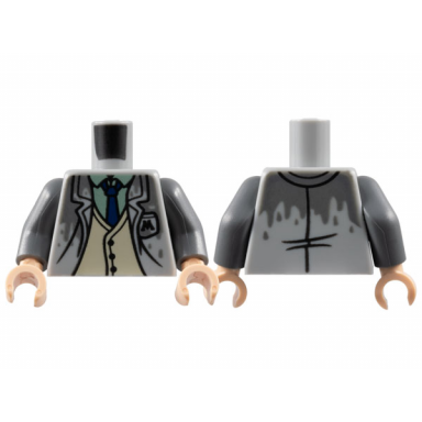 light bluish gray torso jacket with dark bluish gray wetness letter m on pocket tan vest sand green shirt and dark blue tie pattern dark bluish gray arms light nougat hands