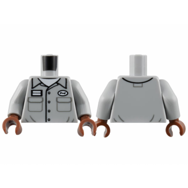 light bluish gray torso button up shirt with 4 pockets and name patch white t-shirt pattern light bluish gray arms reddish brown hands