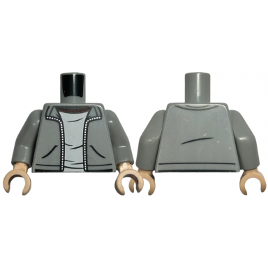 light bluish gray torso open jacket with silver zipper over white t-shirt with dark red collar pattern light bluish gray arms light nougat hands