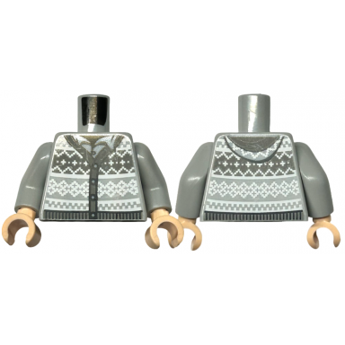 light bluish gray torso knit fair isle cardigan sweater with hood dark bluish gray trim and waistband and white knitting over shirt black neck pattern light bluish gray arms light nougat hands