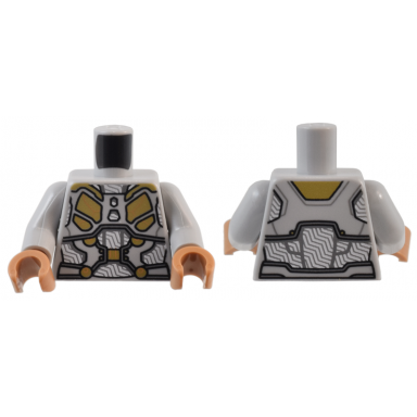 light bluish gray torso female armor with gold plates over white shirt with dark bluish gray stripes pattern light bluish gray arms medium nougat hands