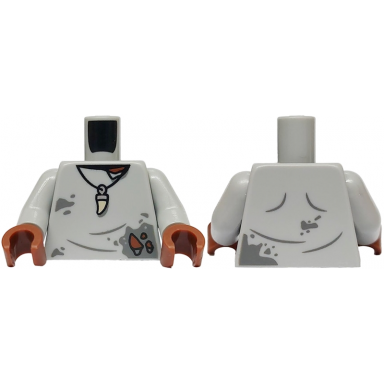 light bluish gray torso shirt torn with dark bluish gray creases and stains silver pendant necklace with white tooth pattern light bluish gray arms reddish brown hands