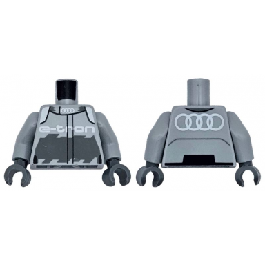 light bluish gray torso racing jacket with white audi logo e-tron and shoulders dark bluish gray panel pattern light bluish gray arms dark bluish gray hands