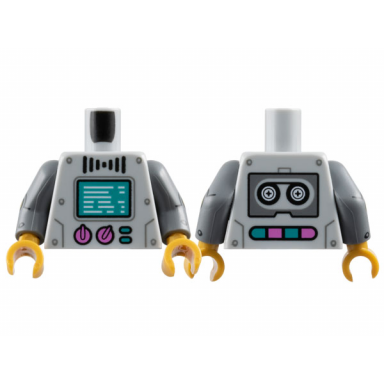 light bluish gray torso robot with dark bluish gray rivets dark turquoise screen and buttons dark pink dials black tape reels on back pattern dark bluish gray arms with gold circles black rivets and lines with arcs pattern pearl gold hands