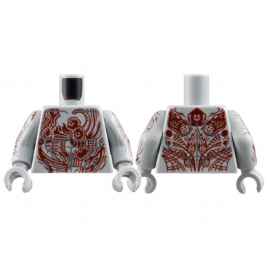 light bluish gray torso with dark bluish gray muscles outline dark red tattoos with skeleton heads pattern light bluish gray arms with dark red tattoo sleeves with skeleton heads pattern light bluish gray hands