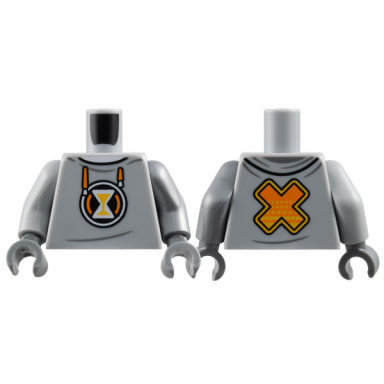 light bluish gray torso hoodie orange drawstrings white hourglass with bright light orange sand x on back pattern flat silver arm left light bluish gray arm right flat silver hand left dark bluish gray hand right