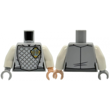 light bluish gray torso armor with dark bluish gray lattice padding gold crest badge with crown and capital letter g pattern white arms light bluish gray hand left light nougat hand right