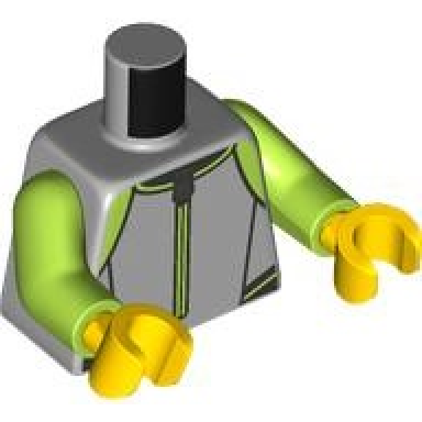 light bluish gray torso wetsuit with lime and black panels and trim dark silver zipper symbol in circle on back pattern lime arms yellow hands