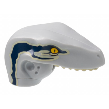 light bluish gray dinosaur head raptor with pin hole with tan teeth and dark blue stripes over tan pattern