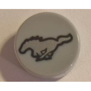 light bluish gray tile round 1 x 1 with silver horse with black border pattern ford mustang logo