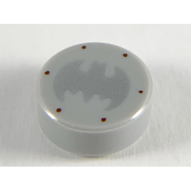 light bluish gray tile round 1 x 1 with silver bat batman logo and 6 reddish brown rivets pattern