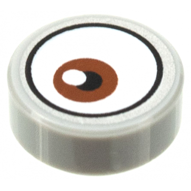 light bluish gray tile round 1 x 1 with white eye with off-center reddish brown iris pattern 1