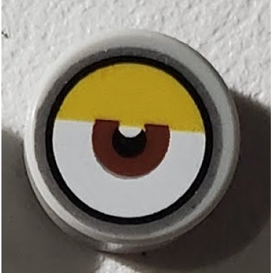 light bluish gray tile round 1 x 1 with white eye with centered reddish brown iris partially closed yellow eyelid and silver outline pattern