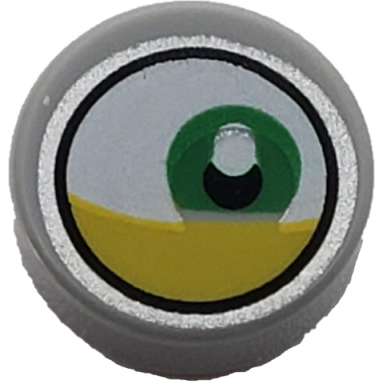 light bluish gray tile round 1 x 1 with white eye with off-center green iris and partially closed yellow eyelid pattern