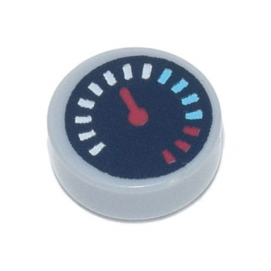 light bluish gray tile round 1 x 1 with black gauge with red pointer and white medium azure and red tick marks pattern