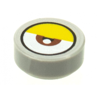 light bluish gray tile round 1 x 1 with white eye with centered reddish brown iris and half closed yellow eyelid pattern