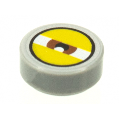 light bluish gray tile round 1 x 1 with white eye with centered reddish brown iris and partially closed yellow eyelids pattern