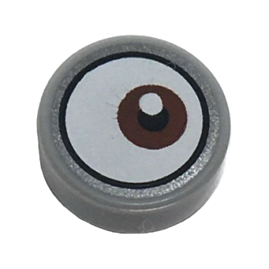 light bluish gray tile round 1 x 1 with white eye with off-center reddish brown iris pattern 2
