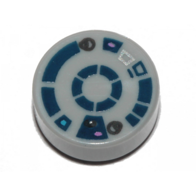light bluish gray tile round 1 x 1 with dark blue r2-d2 astromech droid pattern