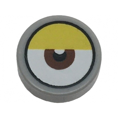 light bluish gray tile round 1 x 1 with white eye with centered reddish brown iris and partially closed yellow eyelid pattern