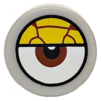 light bluish gray tile round 1 x 1 with white eye with centered reddish brown iris and partially closed yellow bloodshot eyelid pattern