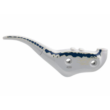 light bluish gray dinosaur body raptor with wide dark blue stripe narrow tan stripes pattern