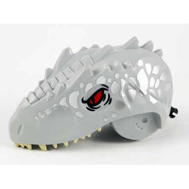 light bluish gray dinosaur head indominus rex giganotosaurus with pin tan teeth red eyes and silver scales pattern