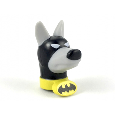 light bluish gray dog head with black cowl and nose and yellow collar with black batman logo pattern ace the bat-hound