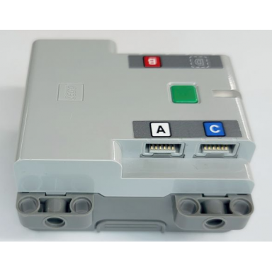 light bluish gray electric battery box powered up bluetooth hub with dark bluish gray bottom - clip opening with letters a b c and d on dark bluish gray background pattern stickers - set 42099