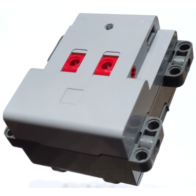 light bluish gray electric 9v battery box powered up with 2 switches and dark bluish gray bottom - screw opening